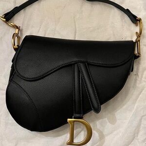 Black Saddle Shoulder Bag with Gold Hardware